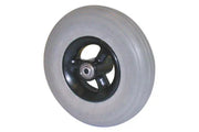 Durable wheelchair wheel with black hub and gray tire, ideal for mobility accessories and everyday use.