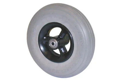 Durable wheelchair wheel with black hub and gray tire, ideal for mobility accessories and everyday use.