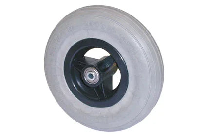 Durable wheelchair wheel with black hub and gray tire, ideal for mobility accessories and everyday use.