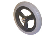 Durable wheelchair wheel with black hub and gray tire, ideal for mobility accessories and everyday use.