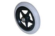 White wheelchair wheel with black five-spoke hub for durable mobility equipment