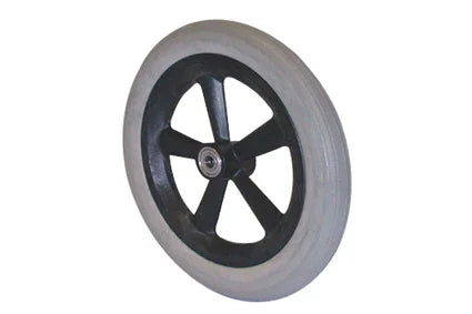 Durable wheelchair wheel with black spoke guard and gray tire, ideal for mobility accessories