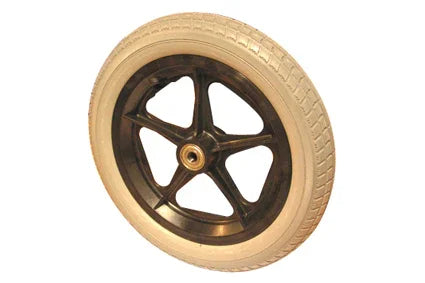 Durable wheelchair wheel with black five-spoke rim and beige tire for mobility accessories