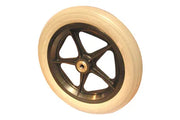 Durable wheelchair wheel with black 5-spoke hub and beige tire, ideal for mobility accessories