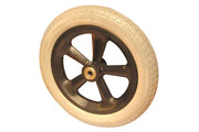 Durable wheelchair wheel with black spoke guard and beige tire, ideal for mobility accessories