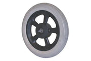 Durable wheelchair wheel with black spoke guard and gray tire, ideal for mobility accessories