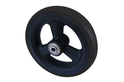 Black wheelchair wheel with durable rubber tire and metal hub for mobility accessories
