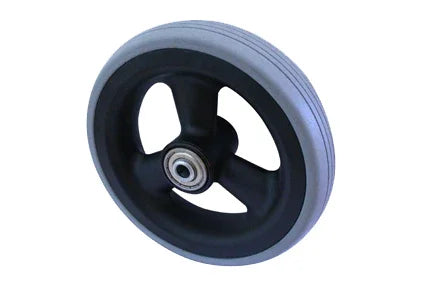 Durable wheelchair wheel with black 3-spoke hub and gray tire, ideal for mobility accessories