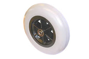White wheelchair wheel with black spoke guard, durable mobility accessory for everyday use