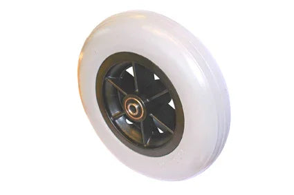 White wheelchair wheel with black spoke guard for durable mobility support