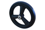 Black wheelchair wheel with three-spoke design and durable rubber tire for mobility equipment