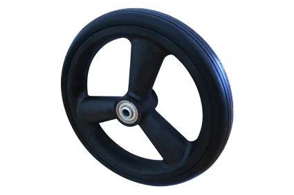 Black wheelchair wheel with three-spoke design and durable rubber tire for mobility equipment