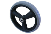 Durable wheelchair wheel with black 3-spoke hub and gray tire, ideal for mobility accessories and replacements