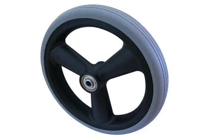 Durable wheelchair wheel with black 3-spoke hub and gray tire, ideal for mobility accessories and replacements