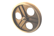 Durable wheelchair wheel with spoke guards and central hub, designed for mobility and safety.