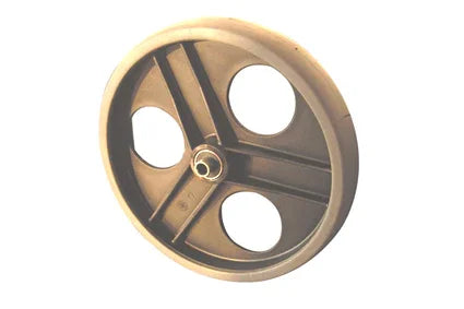 Durable wheelchair wheel with spoke guards and central hub, designed for mobility and safety.
