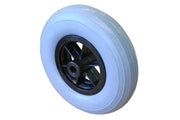 White wheelchair wheel with black hub, durable design for mobility aids and wheelchair accessories