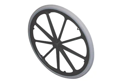 Black wheelchair wheel with gray rim and spoke guards for safety and durability