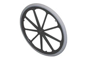 Black wheelchair wheel with gray rim and spoke guards for safety and durability
