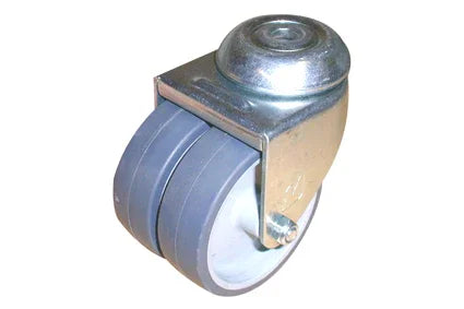 Durable wheelchair caster wheel with gray rubber tire and metal housing for smooth mobility