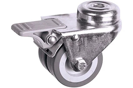 Durable wheelchair caster wheel with brake lever, ideal for mobility equipment and custom wheelchair parts.