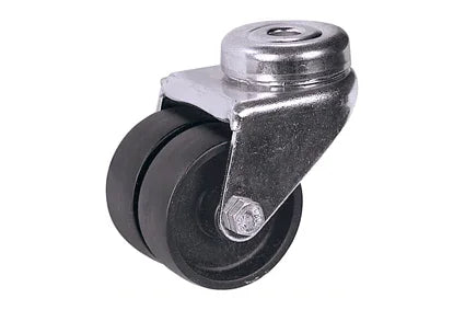 Black rubber wheelchair caster wheel with metal swivel bracket for mobility equipment