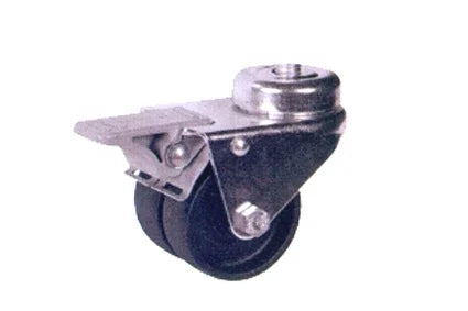 Black rubber wheelchair caster wheel with metal brake lever and swivel mount for mobility equipment
