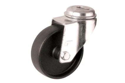 Black wheelchair caster wheel with metal swivel bracket for mobility equipment
