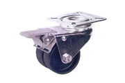 Black wheelchair caster wheel with brake and metal mounting plate for mobility equipment