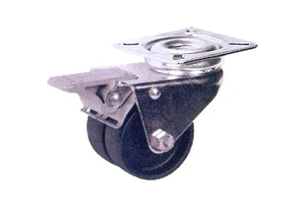 Black wheelchair caster wheel with brake and metal mounting plate for mobility equipment