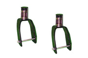 Green wheelchair footrests with metal supports and adjustable bolts for secure positioning