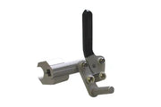 Durable wheelchair accessory clamp with black lever, designed for secure attachment and easy adjustment.
