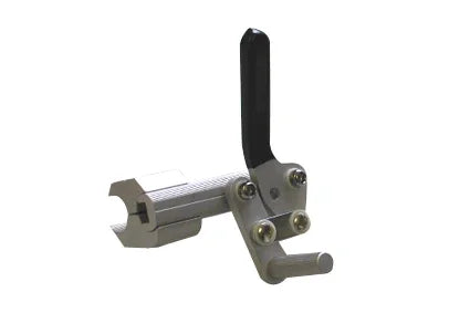 Durable wheelchair accessory clamp with black lever, designed for secure attachment and easy adjustment.