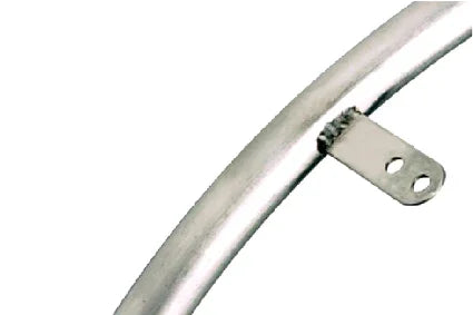 Stainless steel wheelchair spoke guard with mounting bracket for secure attachment
