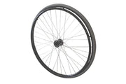 Durable wheelchair wheel with black rim and silver spokes, ideal for mobility accessories and everyday use.