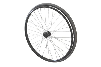 Durable wheelchair wheel with black rim and silver spokes, ideal for mobility accessories and everyday use.