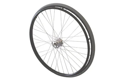 Durable wheelchair wheel with black rim and silver spokes, ideal for mobility accessories and custom builds.