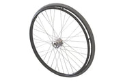 Durable wheelchair wheel with black rim and silver spokes, ideal for mobility accessories and everyday use.