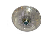 Clear plastic wheelchair wheel cap with green center, durable accessory for wheelchair parts