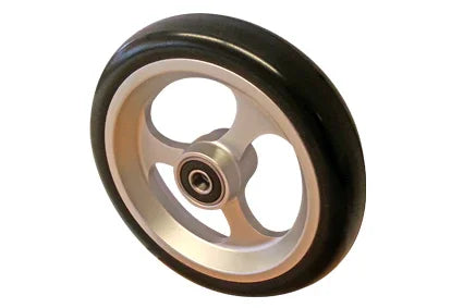 Durable wheelchair wheel with black tire and silver hub, ideal for mobility accessories and parts