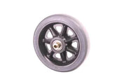 Black wheelchair caster wheel with rubber tire and metal hub for mobility equipment