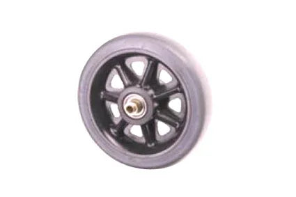 Black wheelchair caster wheel with rubber tire and metal hub for mobility equipment