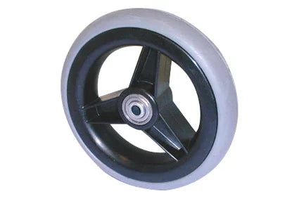 Durable wheelchair wheel with black 3-spoke hub and gray tire, ideal for mobility accessories
