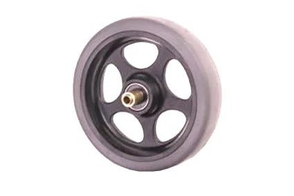 Durable wheelchair wheel with black rim and gray tire, ideal for mobility accessories and everyday use.