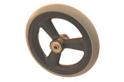 Durable wheelchair wheel with black rim and beige tire, designed for smooth mobility and everyday use.