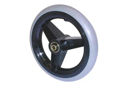Black wheelchair wheel with gray tire and gold hub, durable accessory for mobility devices