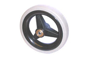 Durable wheelchair wheel with black rim and white tire, ideal for mobility accessories and replacement parts.