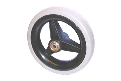 Durable wheelchair wheel with black rim and white tire, ideal for mobility accessories and replacement parts.
