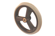 Durable wheelchair wheel with black spokes and beige tire, designed for smooth mobility and everyday use.