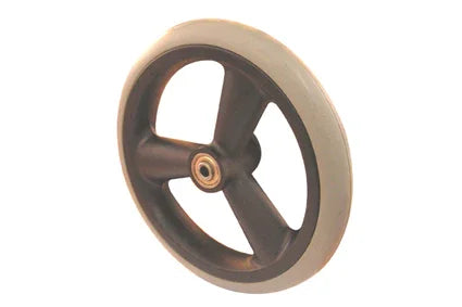 Durable wheelchair wheel with black spokes and beige tire, designed for smooth mobility and everyday use.